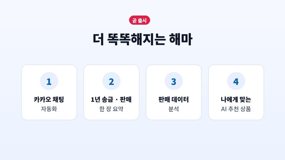 곧 출시 — 카카오 채팅 자동화, 1년 송금·판매 요약, 판매 데이터 분석, AI 추천